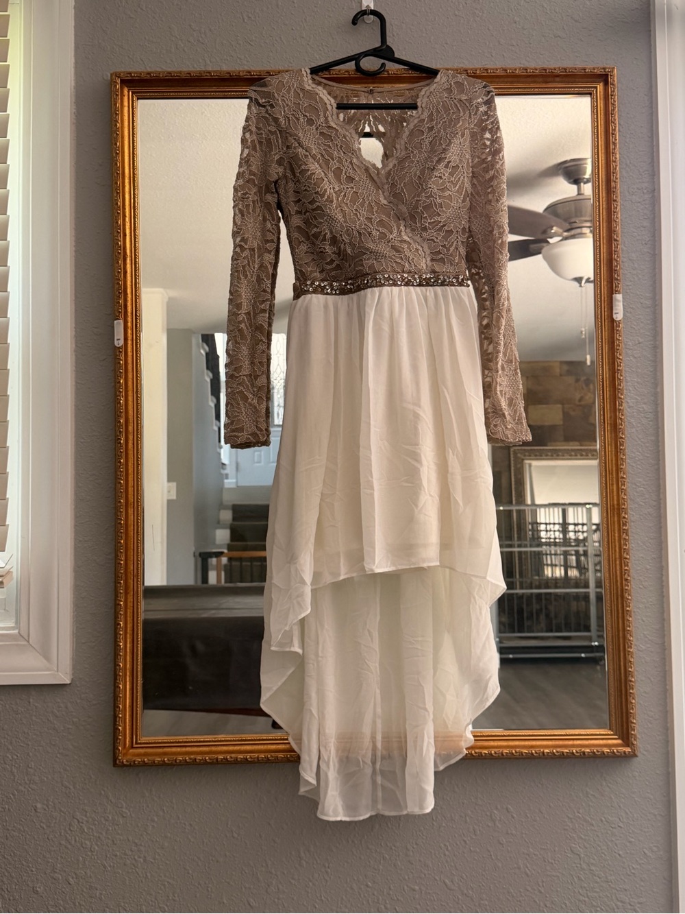 Jodi Kristopher Taupe Lace Bodice with Cream High-Low Chiffon Skirt